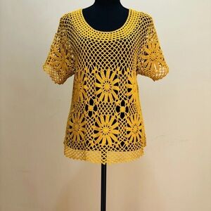 Dressbarn Yellow Crochet Floral Top